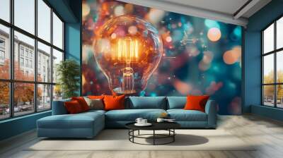 Glowing vintage light bulb in blurred background Wall mural