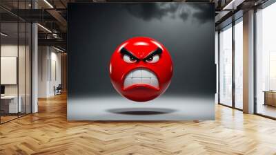 3D circle with squinted eyes and a downward-line mouth, bright red with a glossy finish, set against a dark gray stormy background. Wall mural