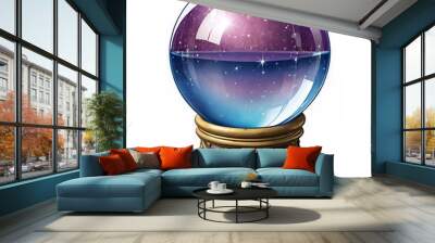 A crystal ball with a starry sky inside, sits on a gold stand. Wall mural