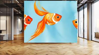 Abstract watercolor of goldfish swimming in soft blue water. Vibrant orange and red strokes create fluid, flowing tails that blend into the soft background. Wall mural