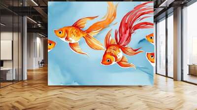 Abstract watercolor of goldfish swimming in soft blue water. Vibrant orange and red strokes create fluid, flowing tails that blend into the soft background. Wall mural