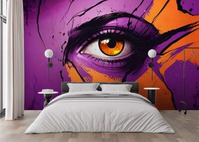 Background wall of gravity with the face of a one-eyed girl, colorful street art on the side of the road, purple, orange, red, pink  Wall mural