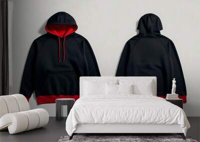 Black hooded sweatshirt has a striking red drawstring, shown in front and back views. Suitable for clothing advertising or design projects. 
 Wall mural