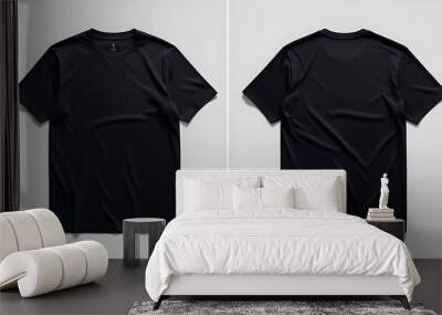 Black shortsleeved tshirt ideal for mockups, designs, fashion websites, and advertising campaigns. Front and back view on white background. Wall mural