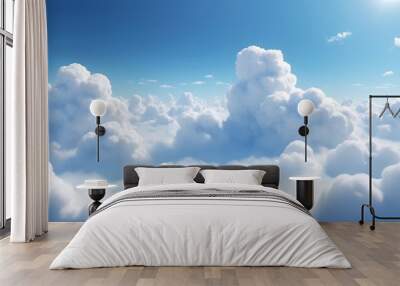 Bright blue sky filled with soft, fluffy cumulus clouds, perfect for creating peaceful and calming backgrounds or nature-themed designs. Wall mural