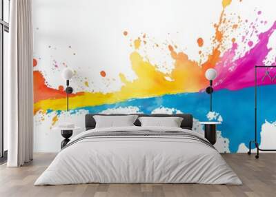 Bright colorful watercolor splash splatter stain brush strokes on white background. Modern vibrant aquarelle spot. Rainbow trendy isolated design on white. Wall mural