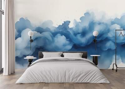 Dreamy digital abstract art featuring flowing shades of blue clouds, set against a stark off-white backdrop, perfect for uplifting any space. Wall mural