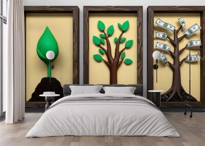 Framed pictures of a sprout, tree, and money tree suitable for finance or naturerelated designs, print materials, or presentations.
 Wall mural