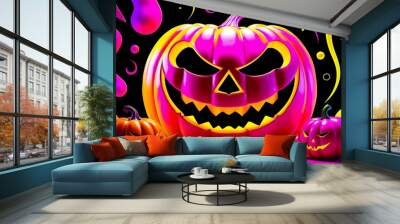 Psychedelic illustration of a vibrant jack-o'-lantern in neon colors, surrounded by smaller pumpkins and swirling patterns, perfect for Halloween-themed designs. Wall mural