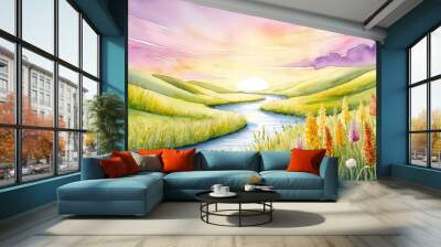 Serene watercolor landscape with a river winding through a meadow at sunset. Soft pink, purple, and golden hues in the sky create a peaceful atmosphere. Wall mural