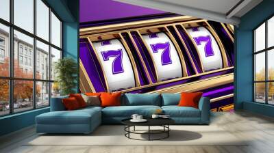 Sleek slot machine with gold accents and aligned '777' symbols, suitable for casino-themed graphics or high-contrast visual designs. Wall mural