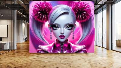 Stylized digital illustration of a futuristic woman with metallic features and vibrant pink hues, suitable for modern sci-fi visuals or concept art. Wall mural