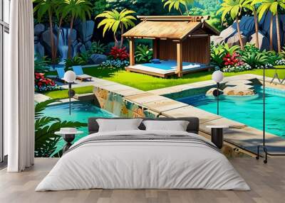 Tropical paradise pool with waterfalls, palm trees, huts perfect for travel brochures, vacation websites, summer posters, relaxation ads, and tropical getaway visuals.
 Wall mural