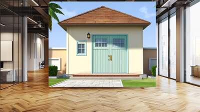 Vibrant image of a yellow house with a blue door, palm tree, windows, and green bushes. Ideal for real estate or travel themes. Wall mural