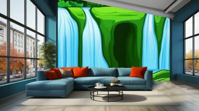 Vibrant tropical waterfall illustration with lush greenery and serene blue waters, perfect for posters or nature-themed decor. Wall mural