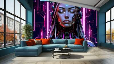 Woman with long blonde hair and cybernetic enhancements, glowing neon lights in futuristic setting. Suitable for scifi, technology, cyberpunk concepts. 2 Wall mural