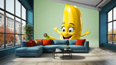 Yellow banana character, joyful, big sparkling eyes, wide smile, glossy finish, soft green gradient background, 3D. Wall mural