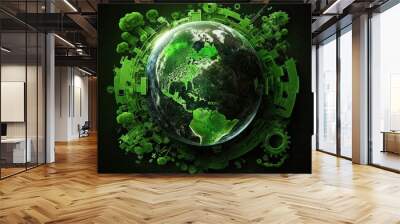 Earth Day: A Vibrant Eye-Catching Background Design Template of Earth in Shape of Beautiful Artistic Green technology Perfect for Environmental Wildlife Projects (generative AI Wall mural