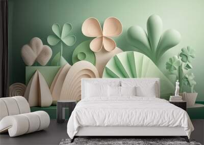 Saint Patrick's Day Geometric Shapes with 3D shapes and designs. and Soft color palette : A Beautiful Unique Colorful and Bold 3D Rendering Wallpaper Template for Celebration (generative AI) Wall mural