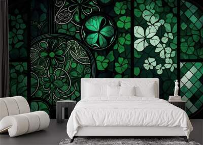 Saint Patrick's Day Geometric Shapes with Mosaic patterns and Dark color palette : A Beautiful Unique Colorful and Bold 3D Rendering Wallpaper Template for Celebration (generative AI) Wall mural