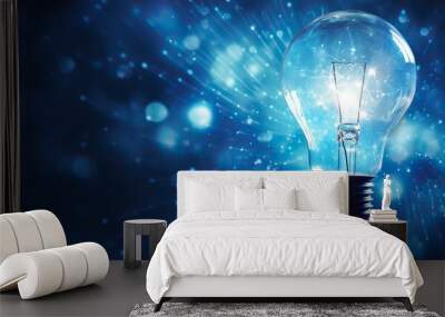 Artificial intelligence data digital innovation, abstract blue glow light bulb on dark blue background Wall mural