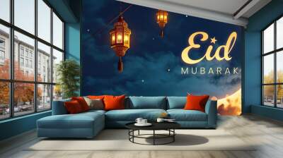 Greeting card background, eid mubarak glowing crescent moon with hanging lantern, ramadan kareem Wall mural