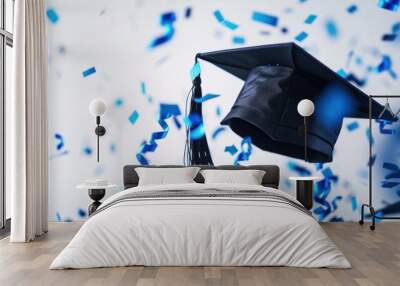 Greeting card banner, Graduation mortarboard cap and blue confetti for ceremony messages Wall mural