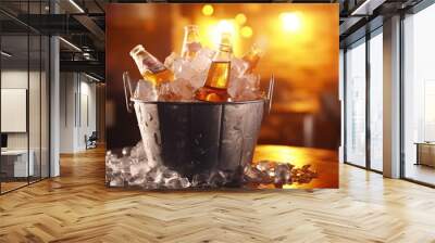 Metal bucket with cold bottles of beer on the bar blurred background Wall mural