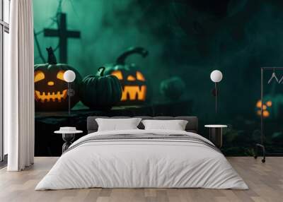 Scary night pumpkin and skeleton in graveyard with smokey halloween background Wall mural