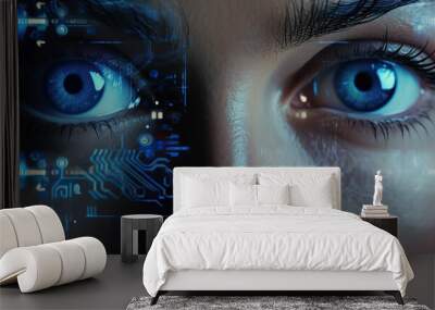 Security access close up woman eye viewing digital information, biometric scanning futuristic digital cyber technology Wall mural