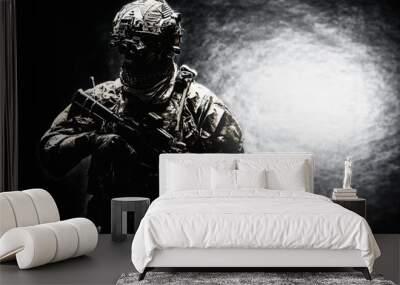 army soldier in combat uniforms with assault rifle, plate carrier and combat helmet are on, shemagh  Wall mural