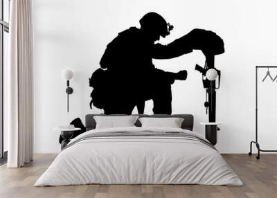 Army soldier in sorrow for fallen comrade, standing on knee, leaning on rifle with helmet and two dog tags on chain, studio shoot isolated on white low key silhouette. Military funeral honors, grief Wall mural