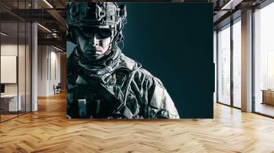 Elite member of US Army rangers in combat helmet and dark glasses. Studio shot, dark black background, looking at camera, dark contrast Wall mural