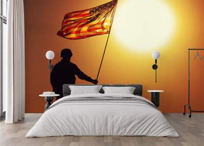 Silhouette of US army infantry soldier, United States Marines Corps fighter standing on sunset horizon with waving USA national flag. Soldiers heroism and victory in battle, honoring of fallen heroes Wall mural