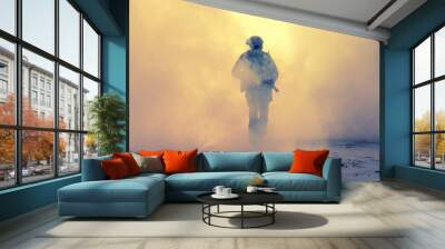 Special operations forces soldier, army ranger or commando in camo uniform, helmet and ballistic glasses walking at battlefield covered with smoke. Airsoft war game player coming through smoke screen Wall mural