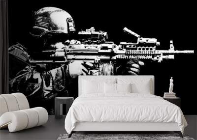 United states Marine Corps special operations command Marsoc raider with machine gun. Studio shot of Marine Special Operator black background Wall mural