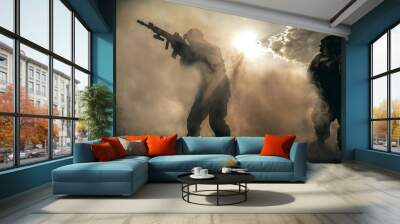 United States Marines in action. Military equipment, army helmet, warpaint, smoked dirty face, tactical gloves. Military action, desert battlefield, smoke grenades Wall mural