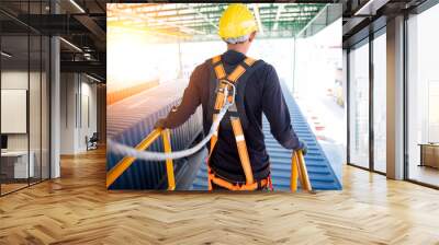 Construction worker use safety harness and safety line working on a new construction site project. Wall mural