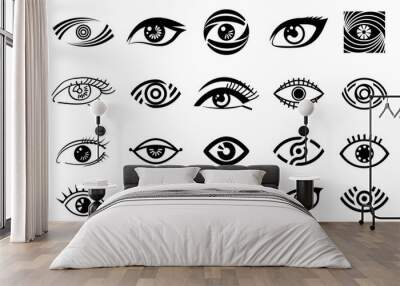  eye illustration, logo set, collection of different style eye, vision logotype in black color, black outline eyes, woman eye,isolated on white background, make up, beauty saloon, Wall mural