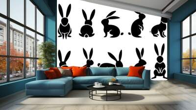 Black flat minimalistic bunny illustrations. Cute rabbits isolated silhouette shapes collection. Wall mural