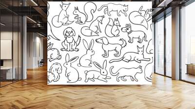 Cute line art animals. Adorable cartoon animals with black thin line. Contour illustrations isolated on white background. Wall mural