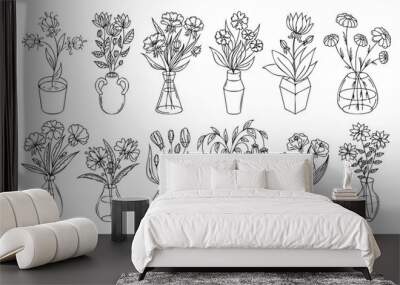 Flowers outline illustration with vase and pot isolated on white background. Floral set, house plant line art illustration, flower drawing linear collection. Wall mural