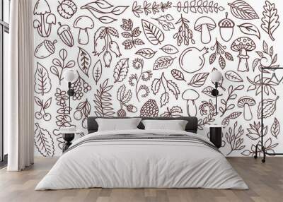 Line art nature design elements. Forest elements outline design set. Mushrooms, acorns, leaves, branches and other illustrations. Wall mural