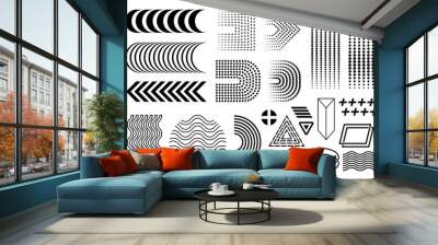 Memphis set, black 90's Memphis collection, isolated design elements, half circles row, linear gradient, wave circle, zigzags, triangles Wall mural