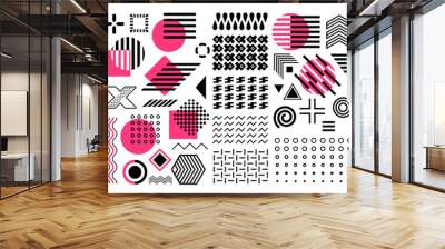 Memphis set, pink, purple, black geometric shape collection, abstract shapes, circles, zigzags, lines, waves, isolated on white background, design elements, seamless patterns Wall mural