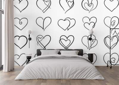 Outline vector heart set. Collection of black thin line heart icons. Abstract, stylized decorative hearts isolated on white background. Wall mural