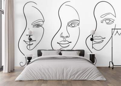 Outline woman face illustration set. Collection of line art  female portraits. Trendy drown sketch icon with face line art. Abstract continuous single linear illustration. Wall mural