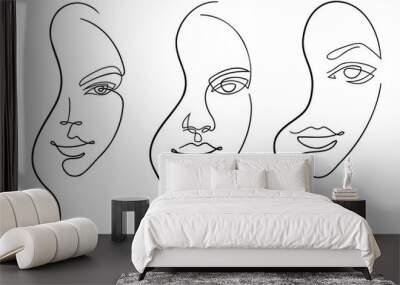 Outline woman face illustration set. Collection of line art  female portraits. Trendy drown sketch icon with face line art. Abstract continuous single linear vector illustration. Wall mural