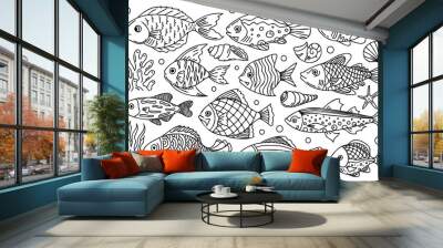 Underwater creatures bundle. Line art, outline fishes, shells and plants with black thin line. Cute sea fishes doodle line art, decorative, stylized illustrations for your design projects. Wall mural