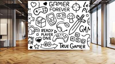 Video game illustrations set. Video game devices, icons, items black line art, outline illustrations and lettering sayings for gamers Wall mural